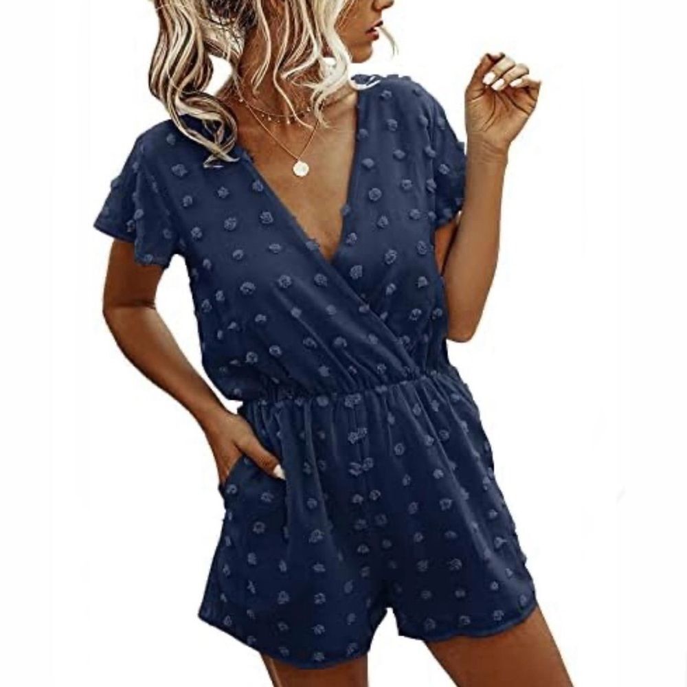 VNeck Wrap Front Short Sleeve Romper Shorts Swiss Dot Print Elastic Waist Blue L